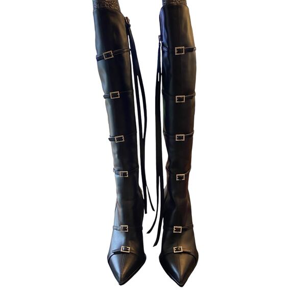 God Save Queens Rendezvous Embellished Boots Knee High Pointed Toe Black Sz EU39 - Picture 8 of 16